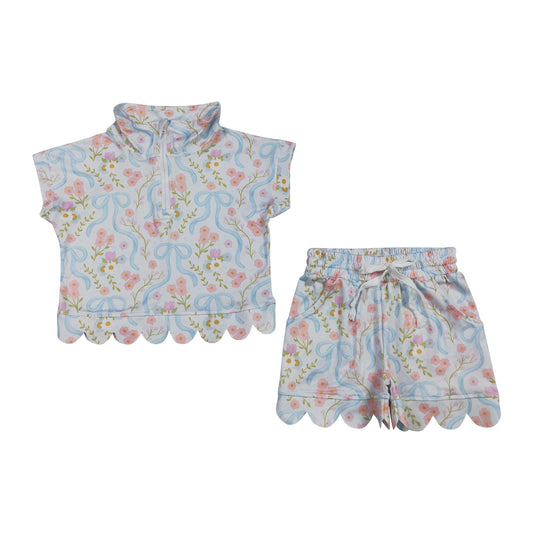 Summer flower Bow scalloped edges sleeveless Girls Set GSSO3575