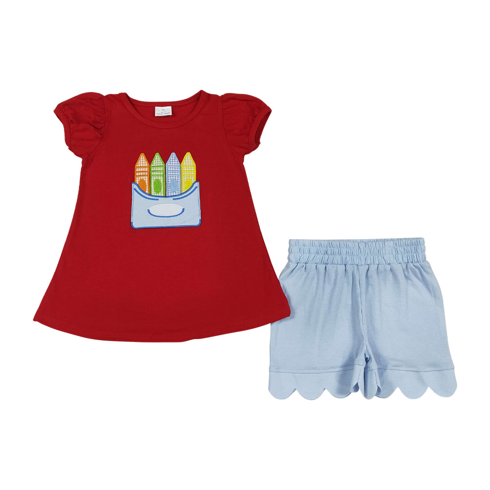 Blue Back To School pencil Embroidery Girls Set GLP3450