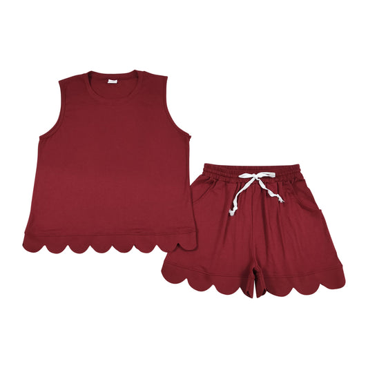 Women's dark Red Scalloped Short Sleeve Set GSSO3735