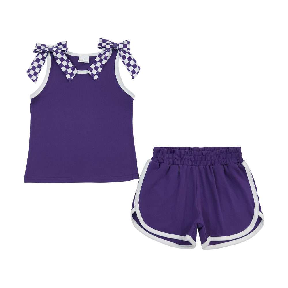 Gameday purple plaid bow sleeveless Girls Set GSSO3814
