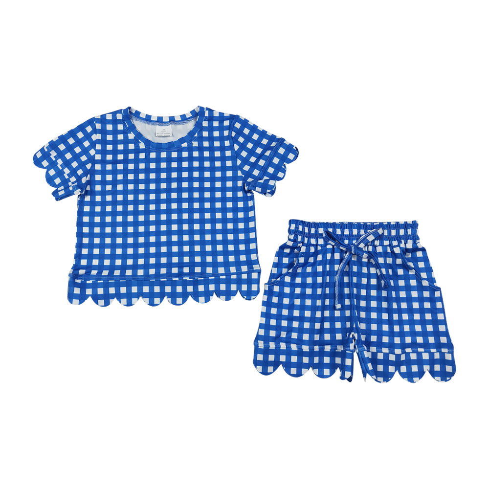 Blue Plaid scalloped edges Short Sleeve Girls Set GSSO3837