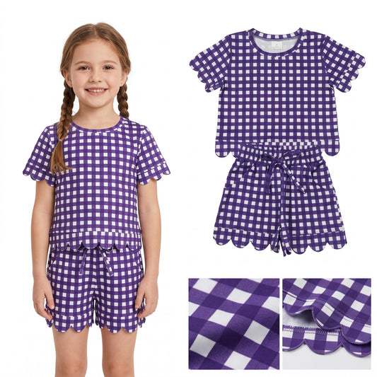 Solid Color Plaid Scallop Edge Girls Shorts Set Kids Matching Clothes