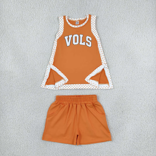 GSSO3852 Vinyl School Team Orange Yoga Girl's Dress Shorts Set