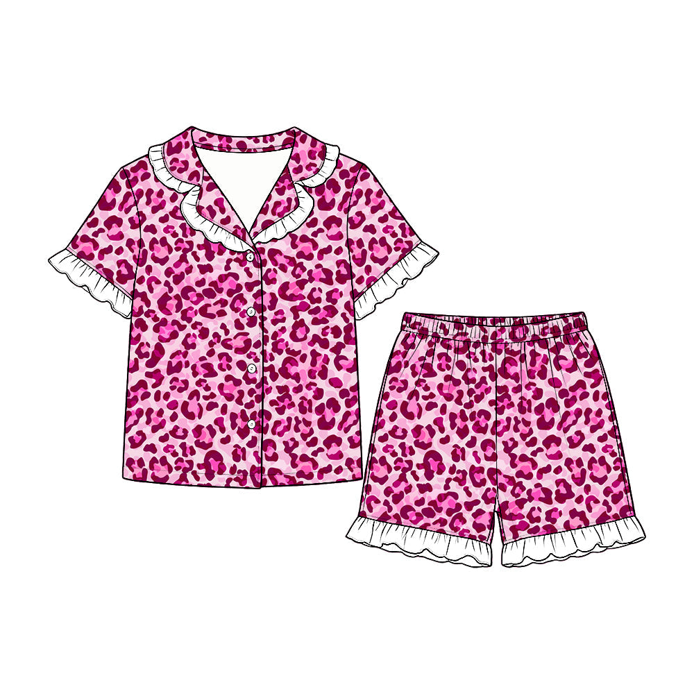 Preorder MOQ 5 pcs GSSO3864 Rose Red Leopard Ruffles Girls Shorts Pajamas Set