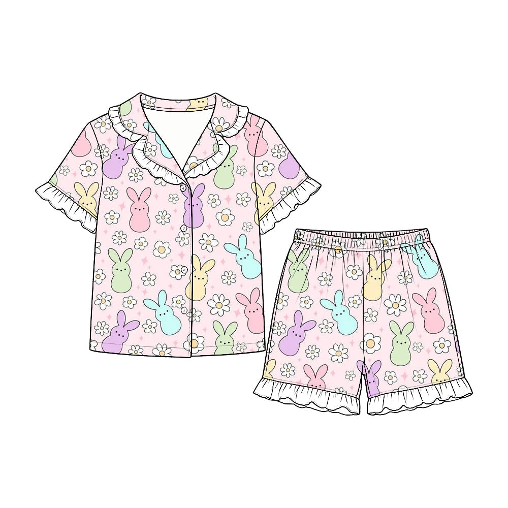 Preorder MOQ 5 pcs GSSO3866 Easter Bunny Flower Ruffles Girls Shorts Pajamas Set