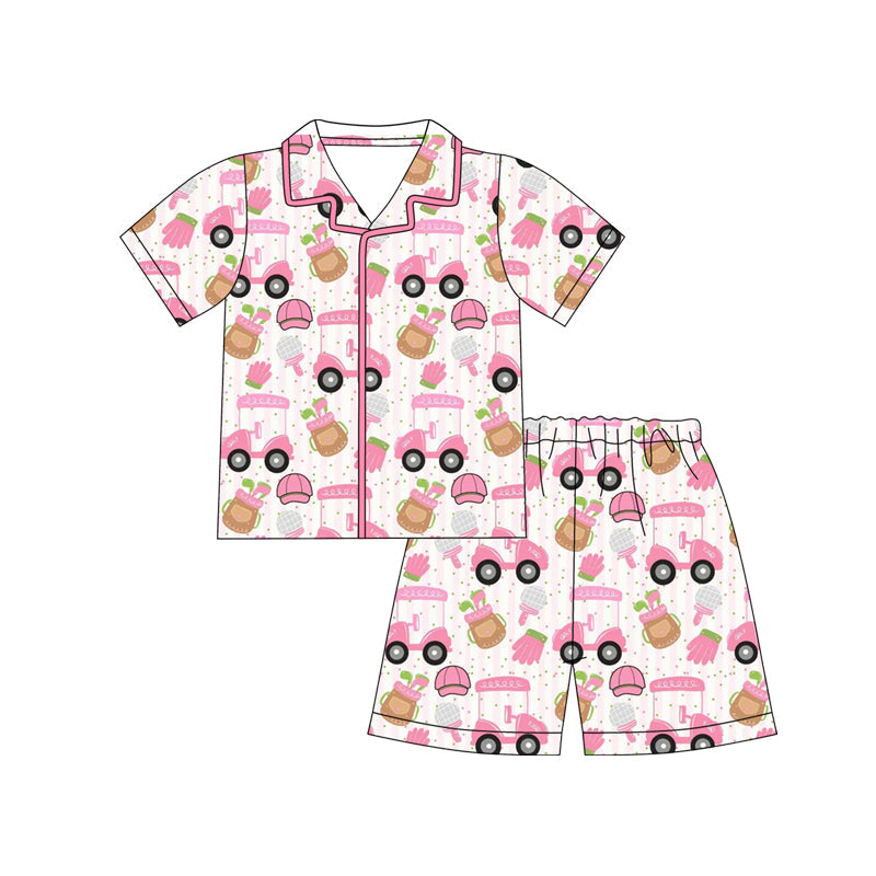 Preorder MOQ 5 pcs Each Style Golf Print Girls Shorts Pajamas Sets Kids Matching Clothes