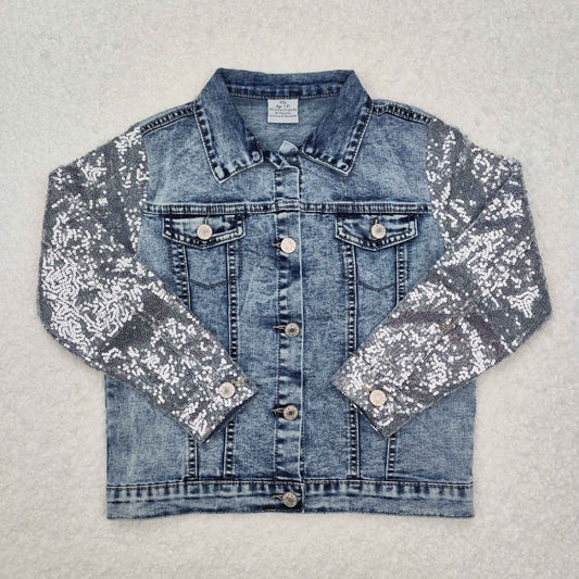 girl blue Sequin denim jackjet long sleeve coat