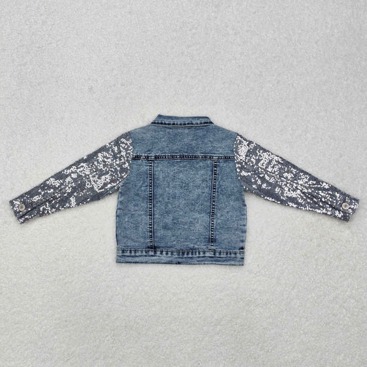 girl blue Sequin denim jackjet long sleeve coat