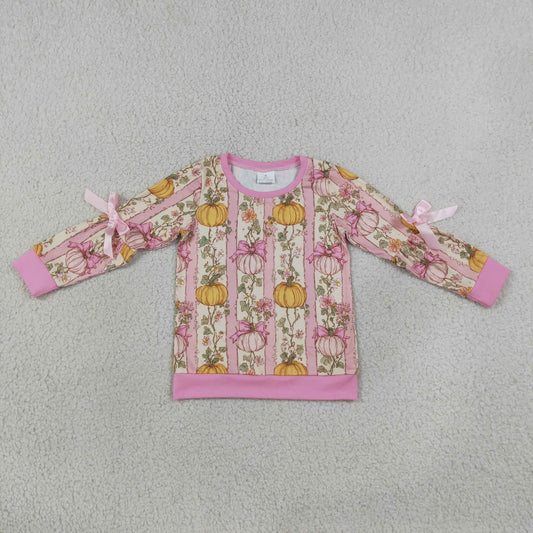 GT1659 Fall Pumpkin Bows Kids Girls Shirt Top