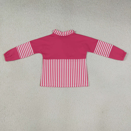GT1715 Rose Red Stripe Yoga Zipper Polo Pullover Kids Girls Shirt Top