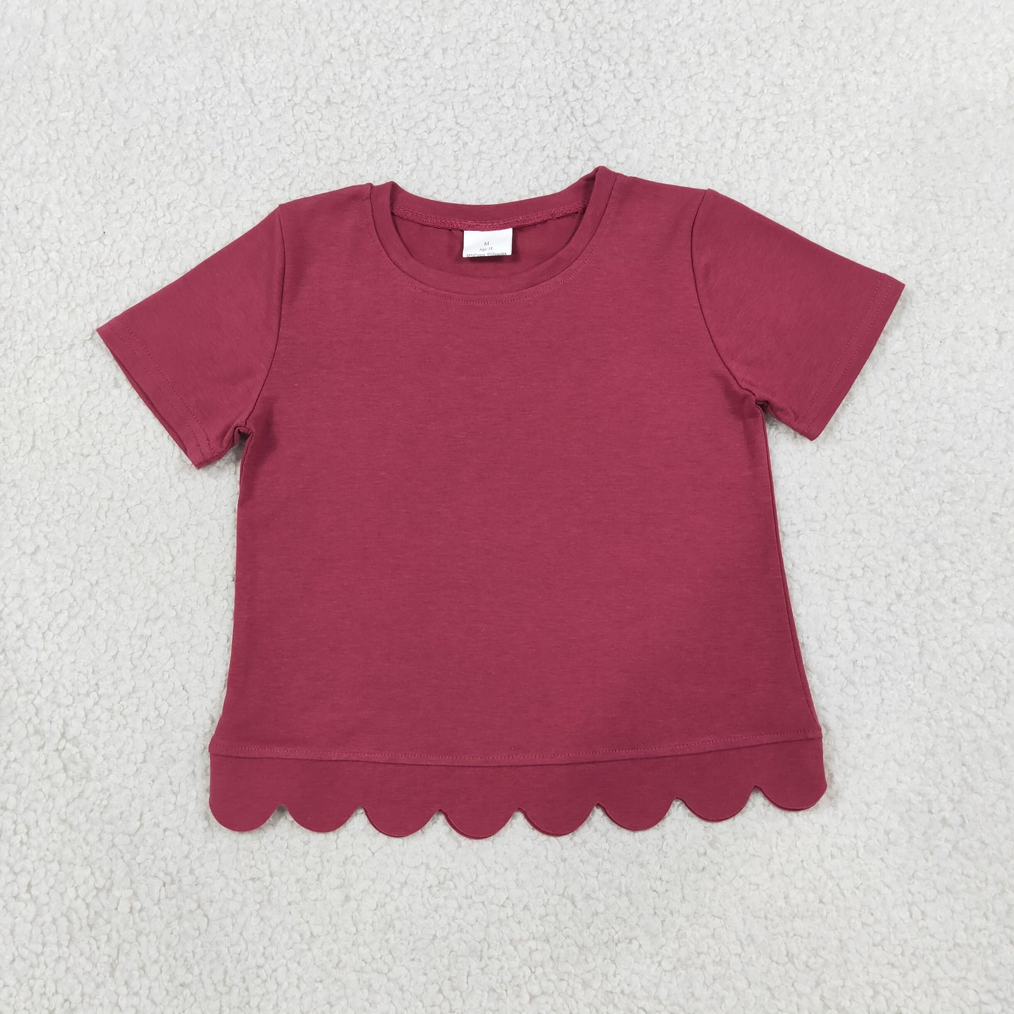 RTS GT1771 Solid Color Red Scallop Edge Kids Girls Shirt Top