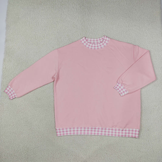 GT1794 Thick Sweatshirts Pink Plaid Middle Neckline Adult Women's Shirt Pullover