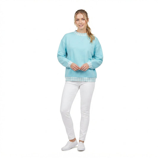 GT1795 Thick Sweatshirts Light Blue Plaid Navy Middle Neckline Adult Women's Shirt Pullover