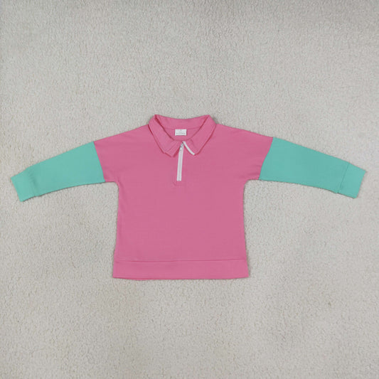 GT1820 Solid Color Pink Kids Girls Zipper Pullover