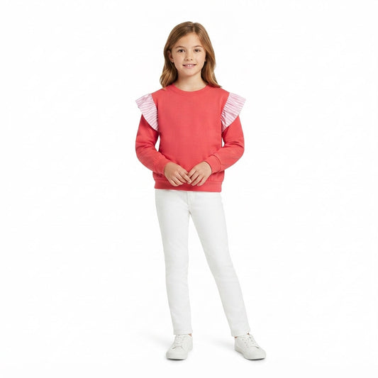GT1848 Solid Color Stripe Ruffles Rose Red Kids Girls Shirt Top