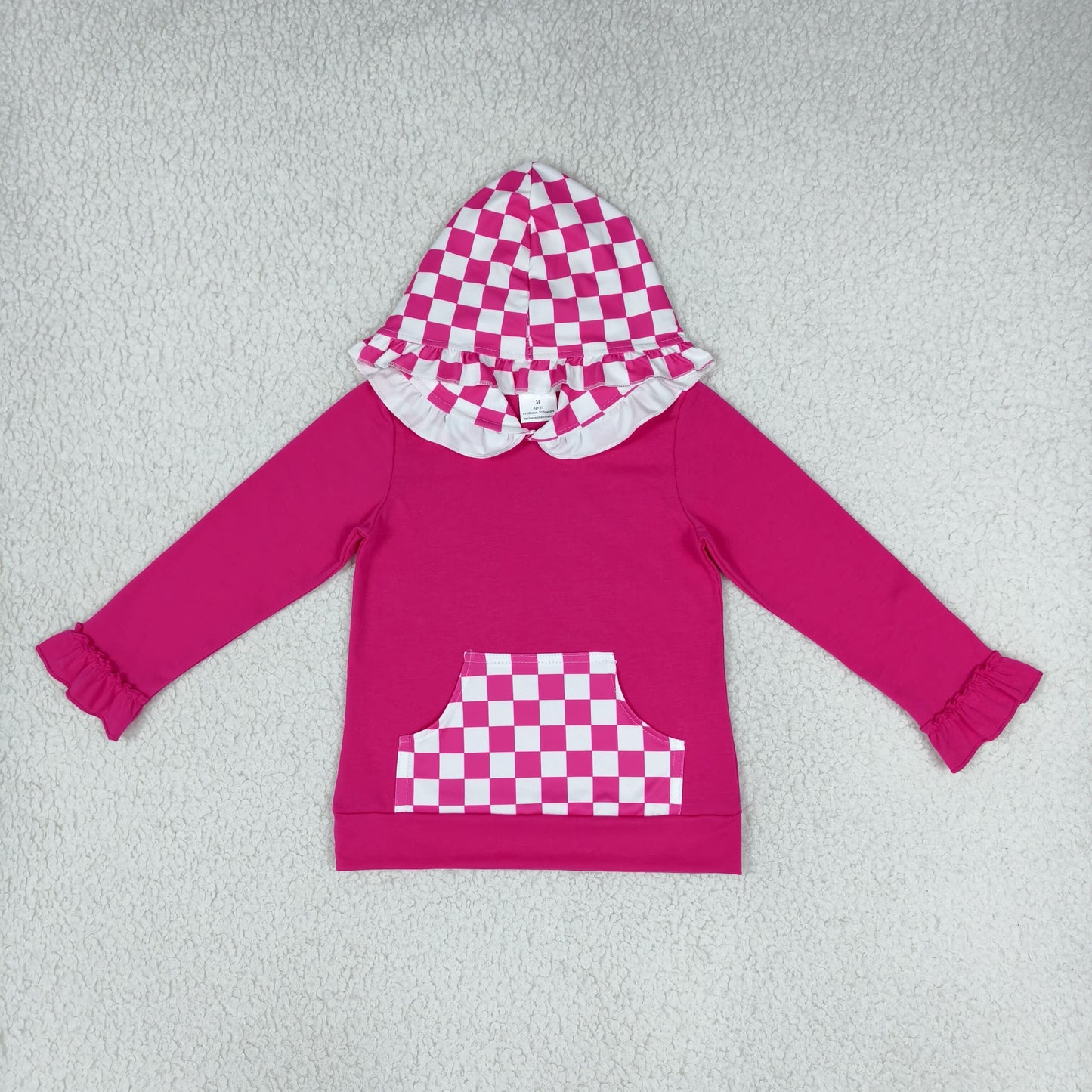 GT1851 Solid Rose Red Plaid Kids Girls Hoodie Pullover
