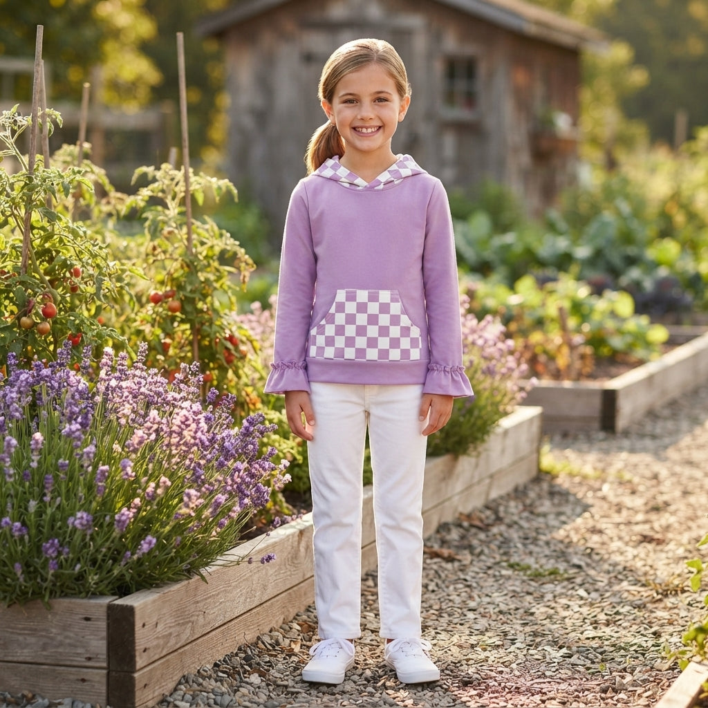 GT1852 Solid Purple Plaid Kids Girls Hoodie Pullover