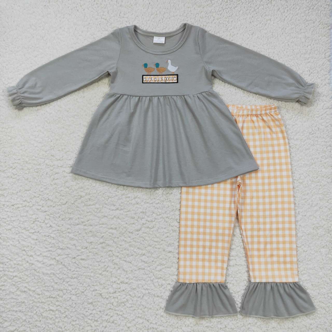 Duck Embroidery Print Plaid Girls Set