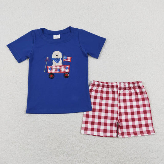July Of 4th Embroidered Dog Flag Blue Plaid Suit Boy Summer Set