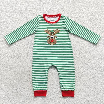 LR0338 Christmas green striped deer Romper (usa warehouse)