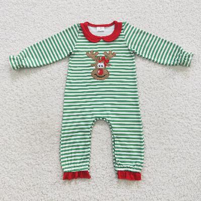 LR0339 Christmas green striped deer Romper (usa warehouse)