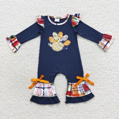 LR0366 Navy Embroidered Turkey Romper (usa warehouse)