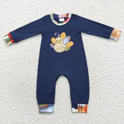 LR0367 Navy Embroidered Turkey Romper (usa warehouse)