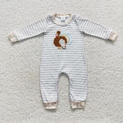 LR0429 Thanksgiving striped embroidered turkey Romper (usa warehouse)