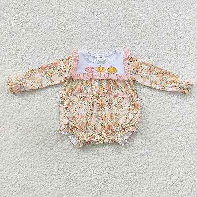 LE0450 fall Flower embroidery pumpkin Romper (usa warehouse)