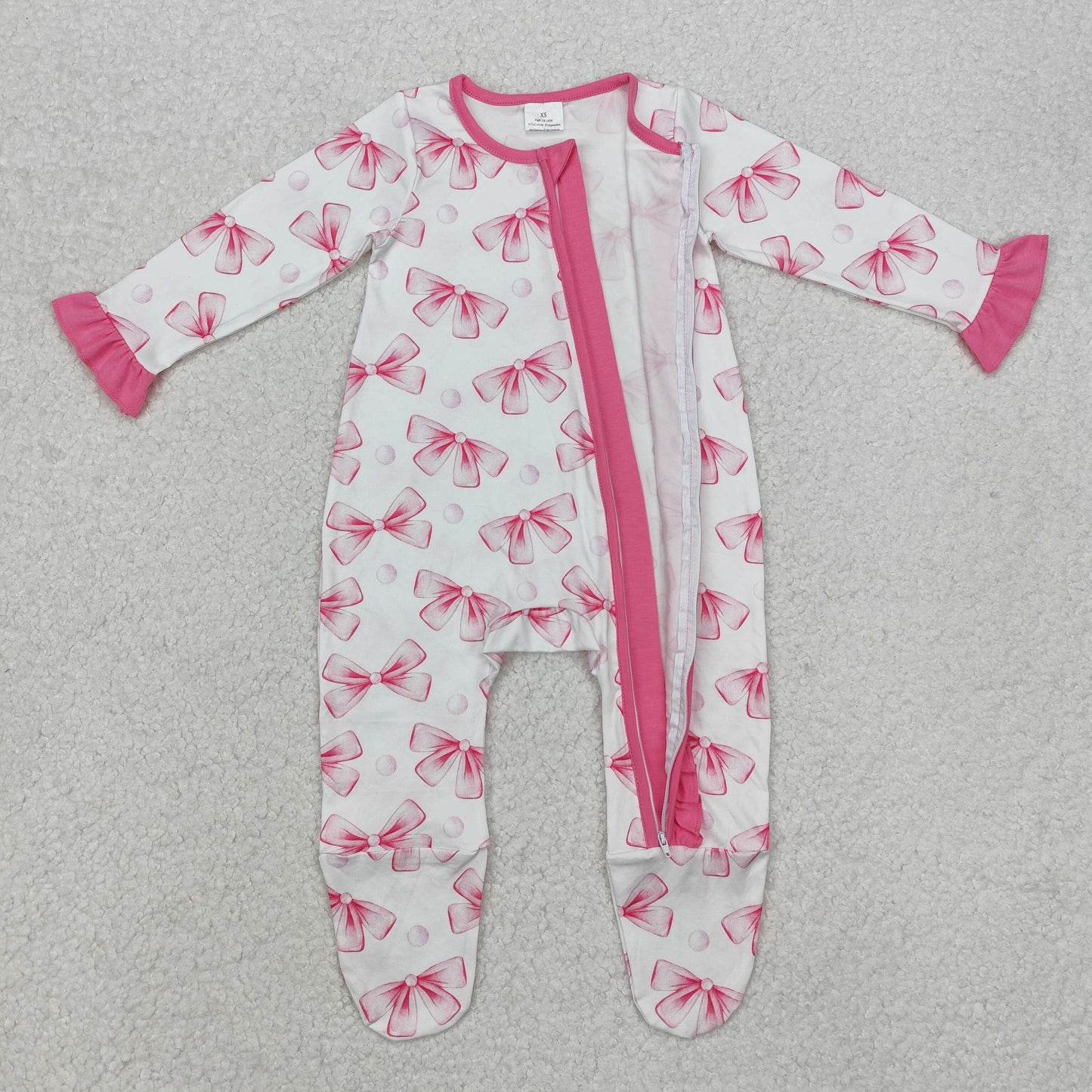 pink bow print Baby Romper With zipper