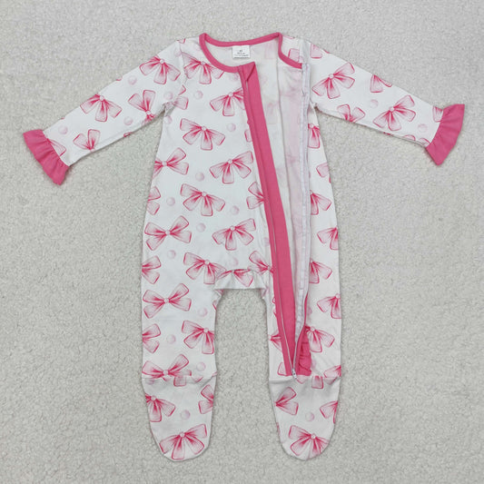 pink bow print Baby Romper With zipper