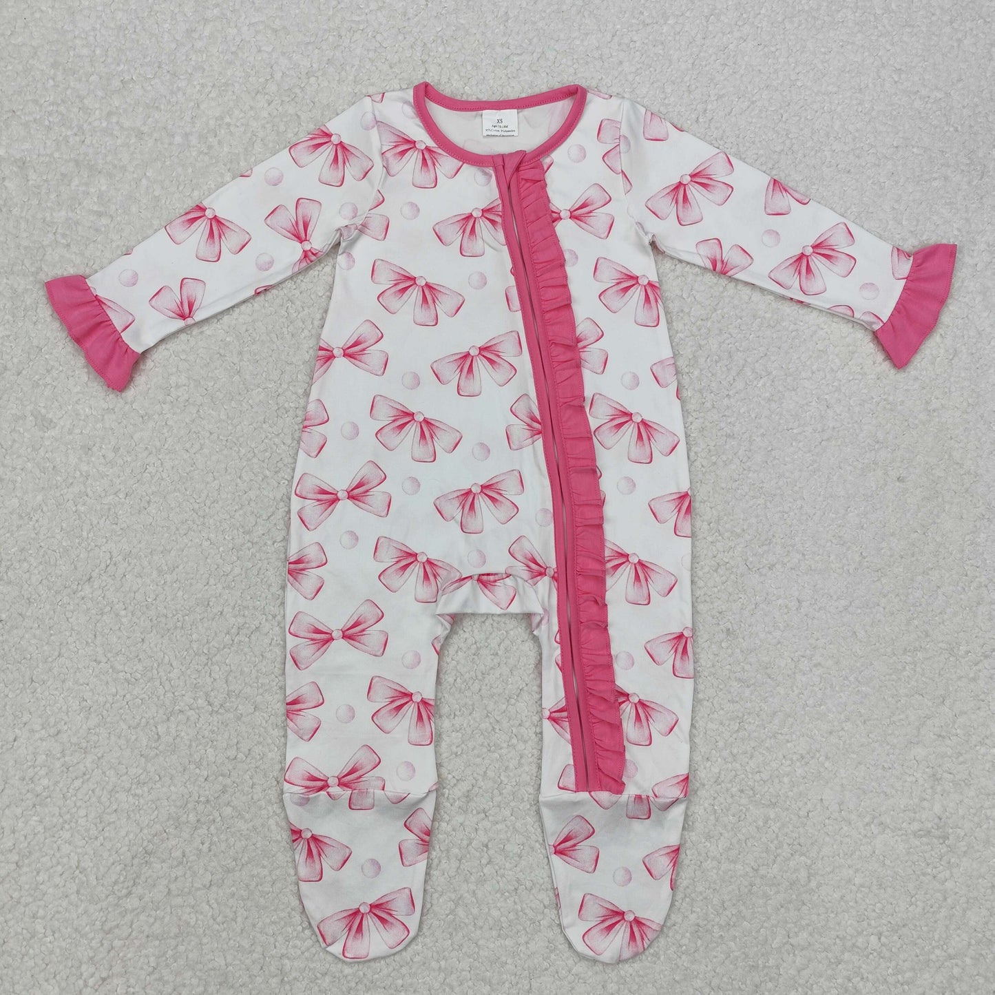 pink bow print Baby Romper With zipper