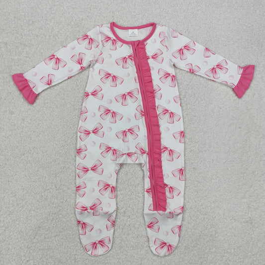 pink bow print Baby Romper With zipper