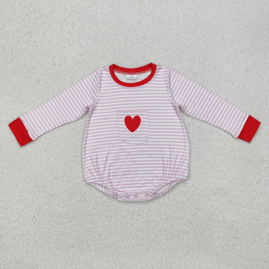 Valentine pink stripe heart pocket Print Baby Romper