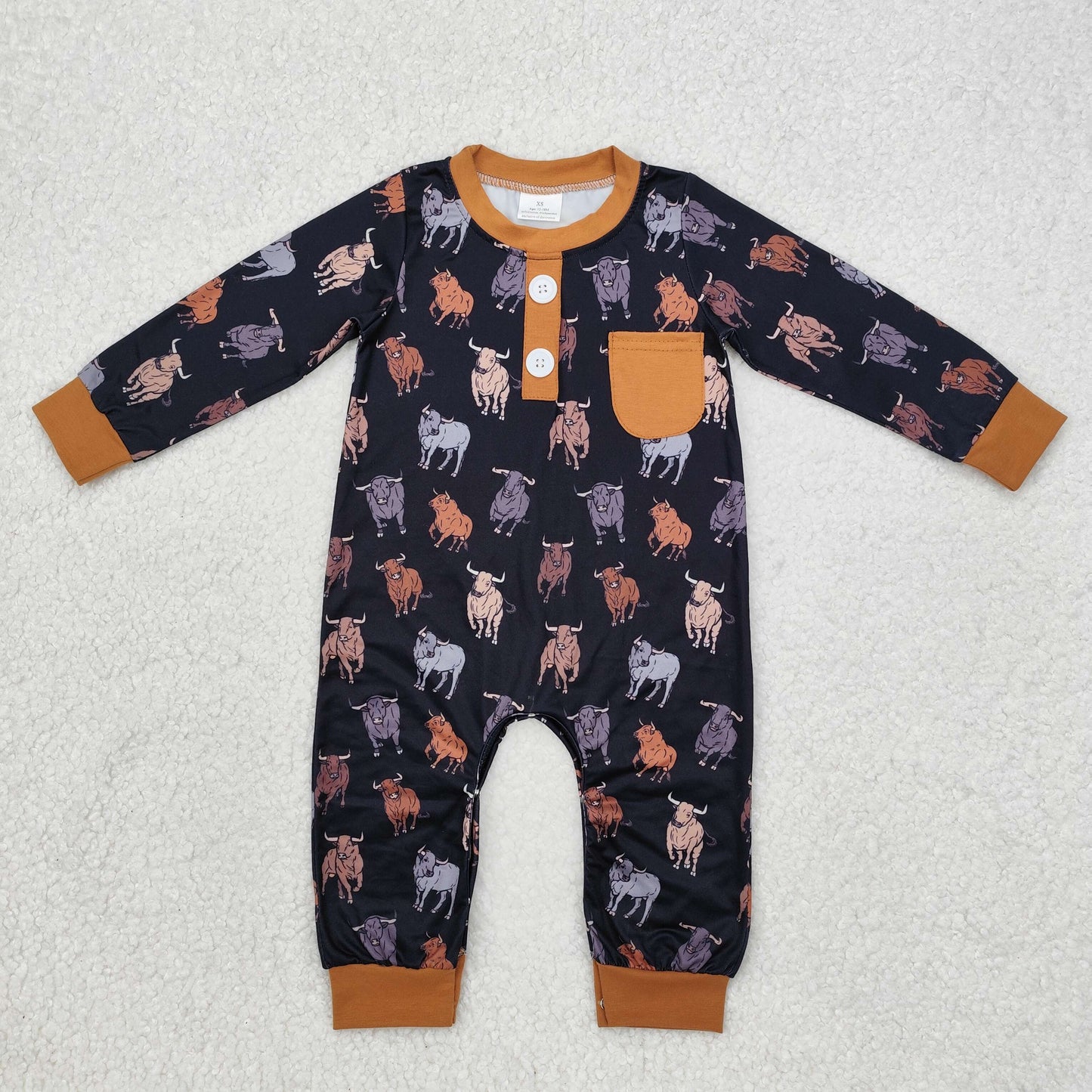 cow pocket dack brown print Baby Romper With zipper