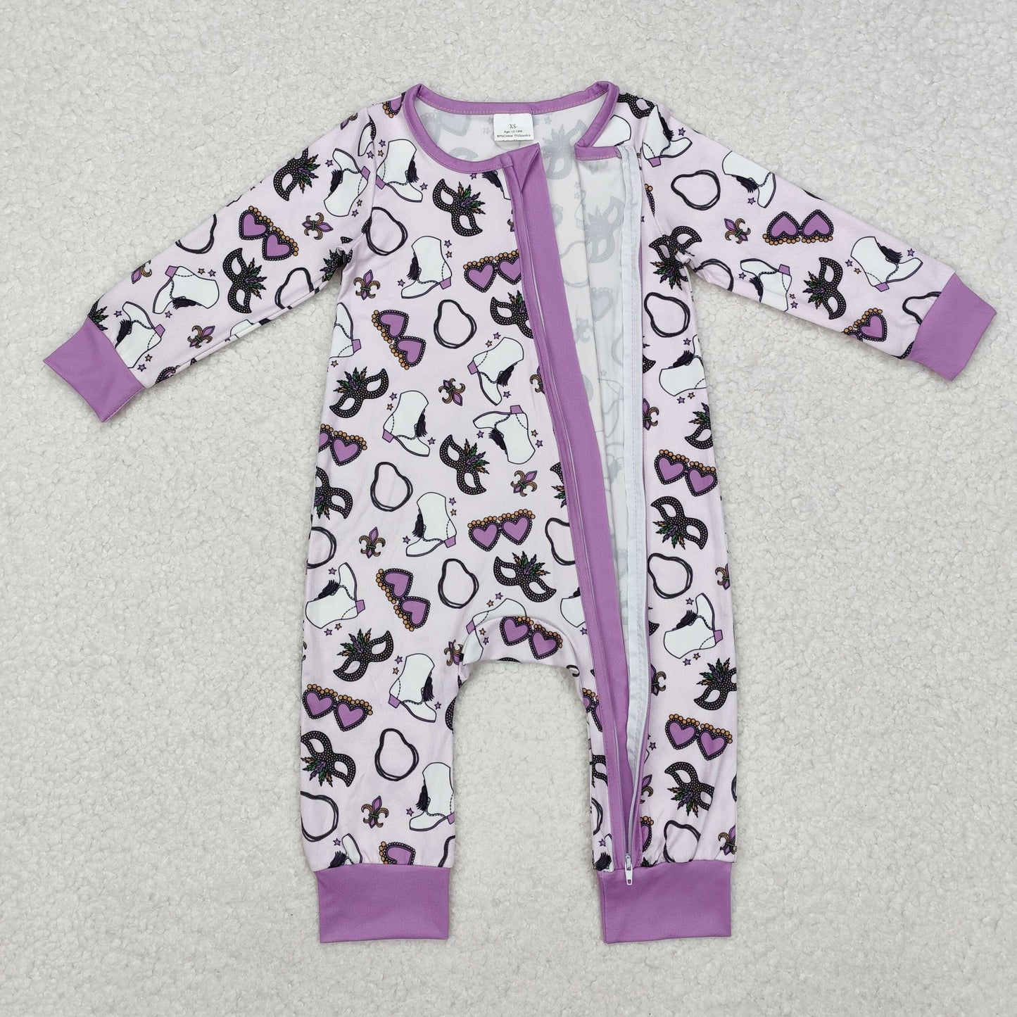 Mardi Gras green print Baby Romper With zipper