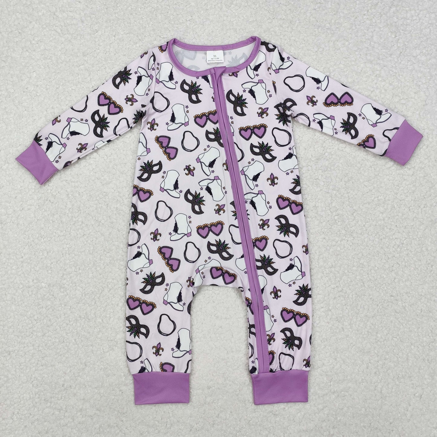 Mardi Gras green print Baby Romper With zipper