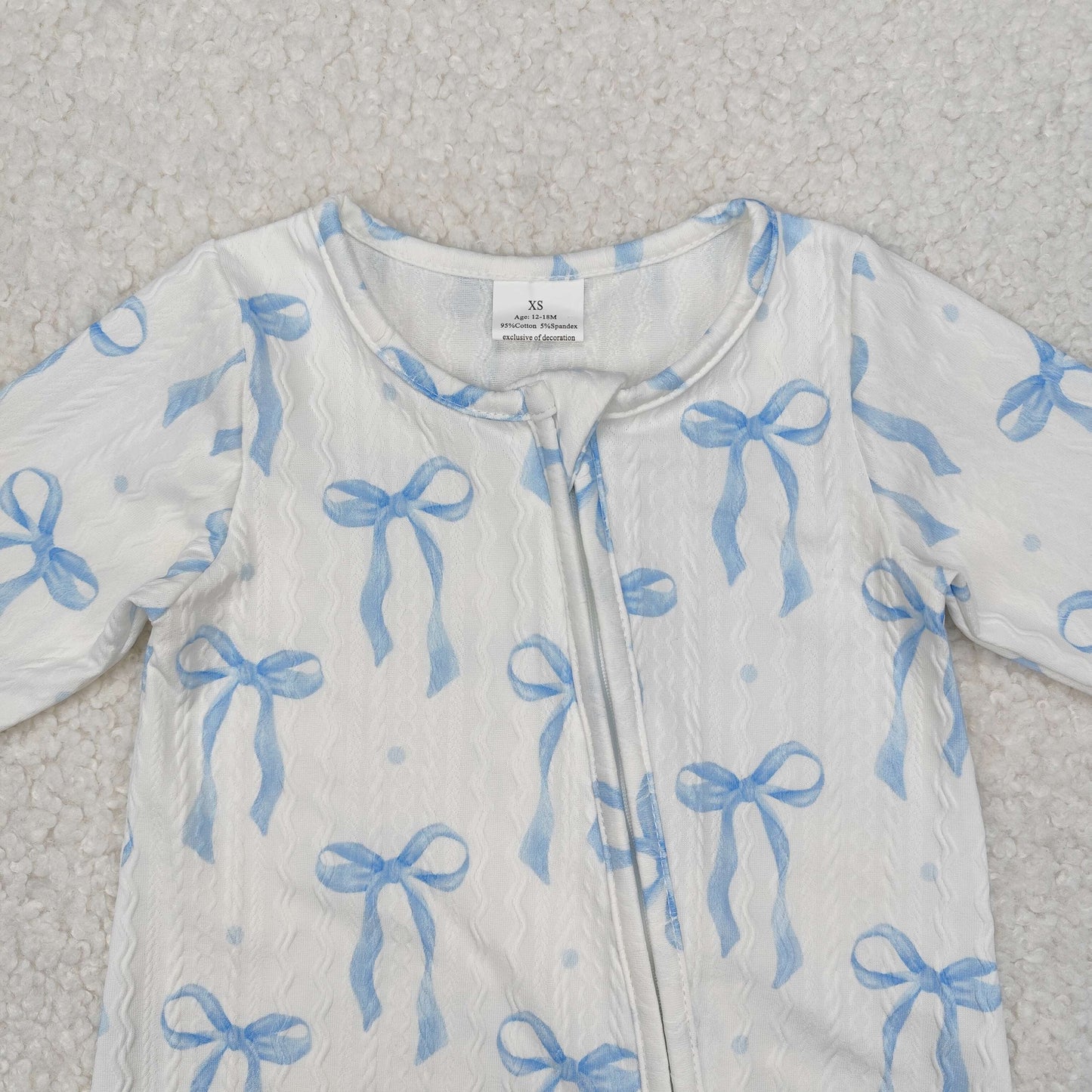 blue bow print Baby Romper With zipper