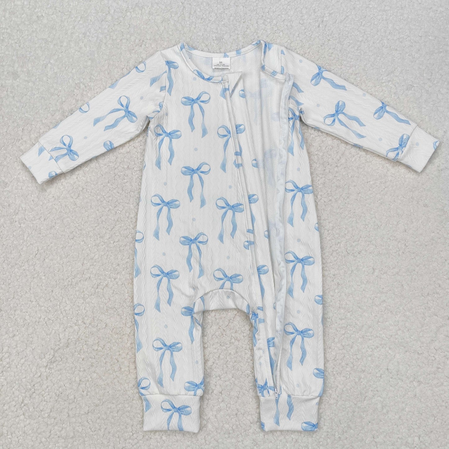 blue bow print Baby Romper With zipper