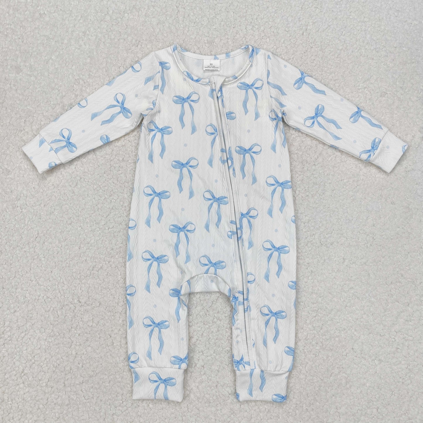 blue bow print Baby Romper With zipper