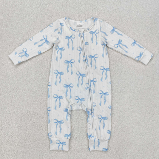 blue bow print Baby Romper With zipper