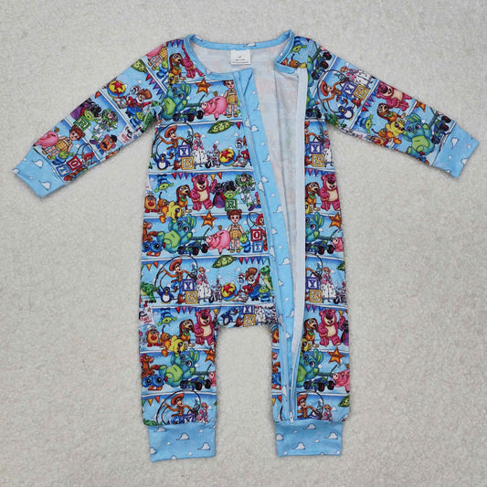 Blue cartoon print Baby Romper With zipper