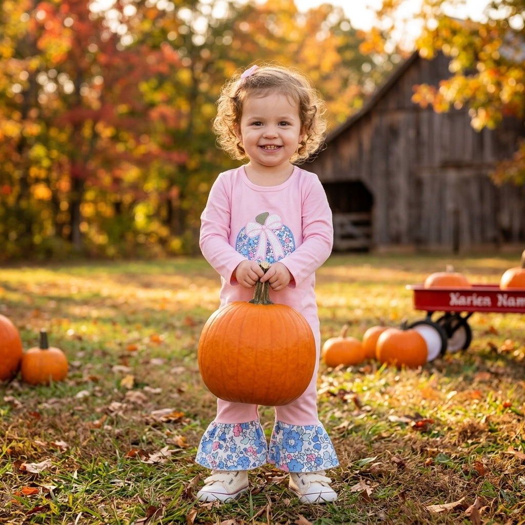 LR3021 Embroidery Pumpkin Bows Flower Purple Baby Girls Romper