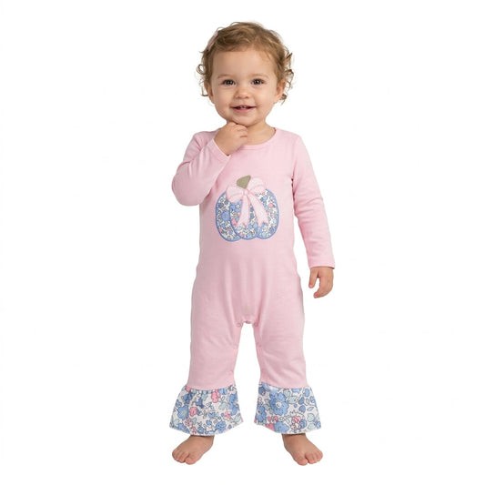 LR3021 Embroidery Pumpkin Bows Flower Purple Baby Girls Romper