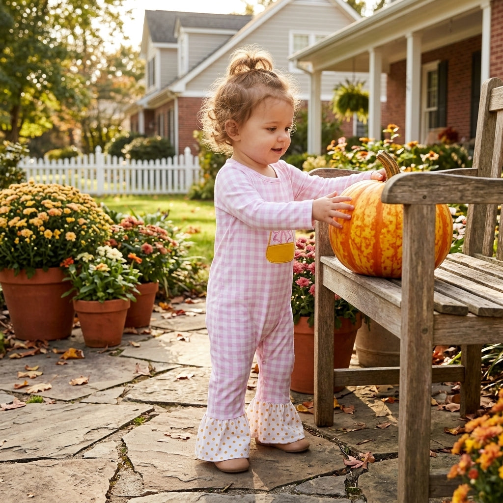 LR3022 Embroidery Candy Corn Bows Pink Plaid Dots Baby Girls Romper