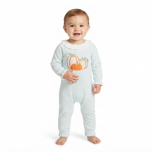 LR3137 Embroidery Fall Pumpkin Stripe Green Baby Girls Romper