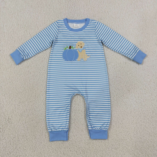 LR3141 Embroidery Fall Pumpkin Dog Blue Stripe Baby Boys Romper