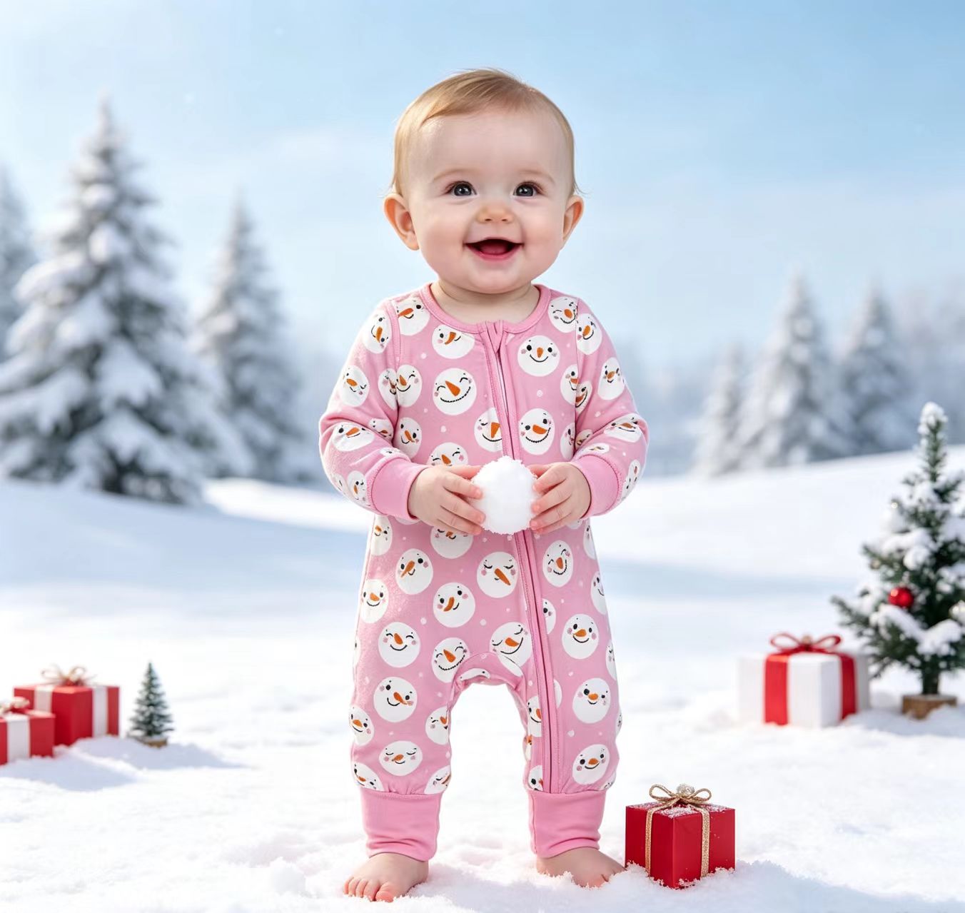LR3165 Christmas Snowman Pink Baby Footie Sleepers Romper