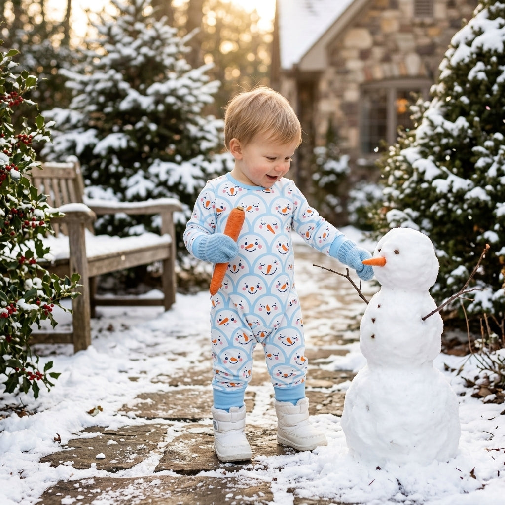 LR3166 Christmas Snowman Blue Color Baby Footie Sleepers Romper
