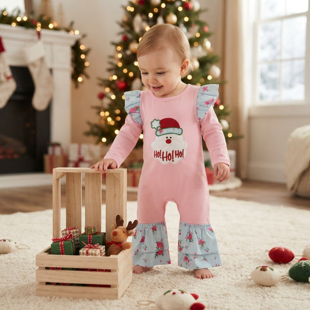 LR3215 Embroidery Christmas Santa HOHOHO Flower Baby Girls Romper
